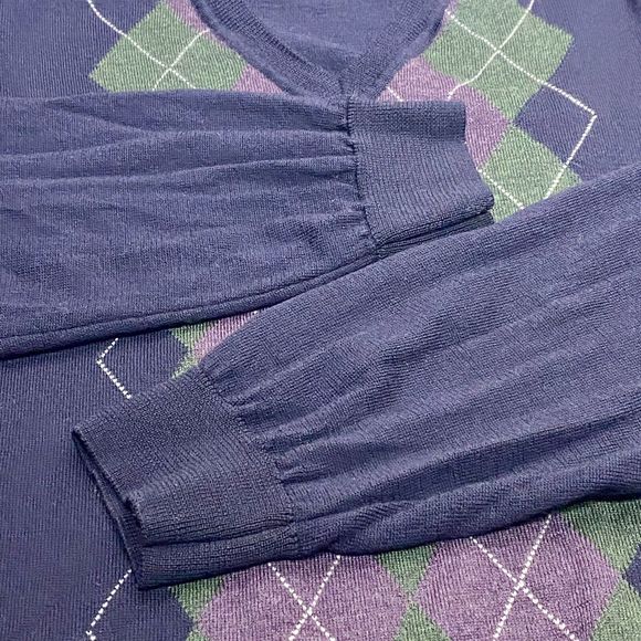 John Ashford Sweater Mens XXL Merino Wool Blue Argyle V-Neck Italy Golf Vintage - Picture 4 of 8